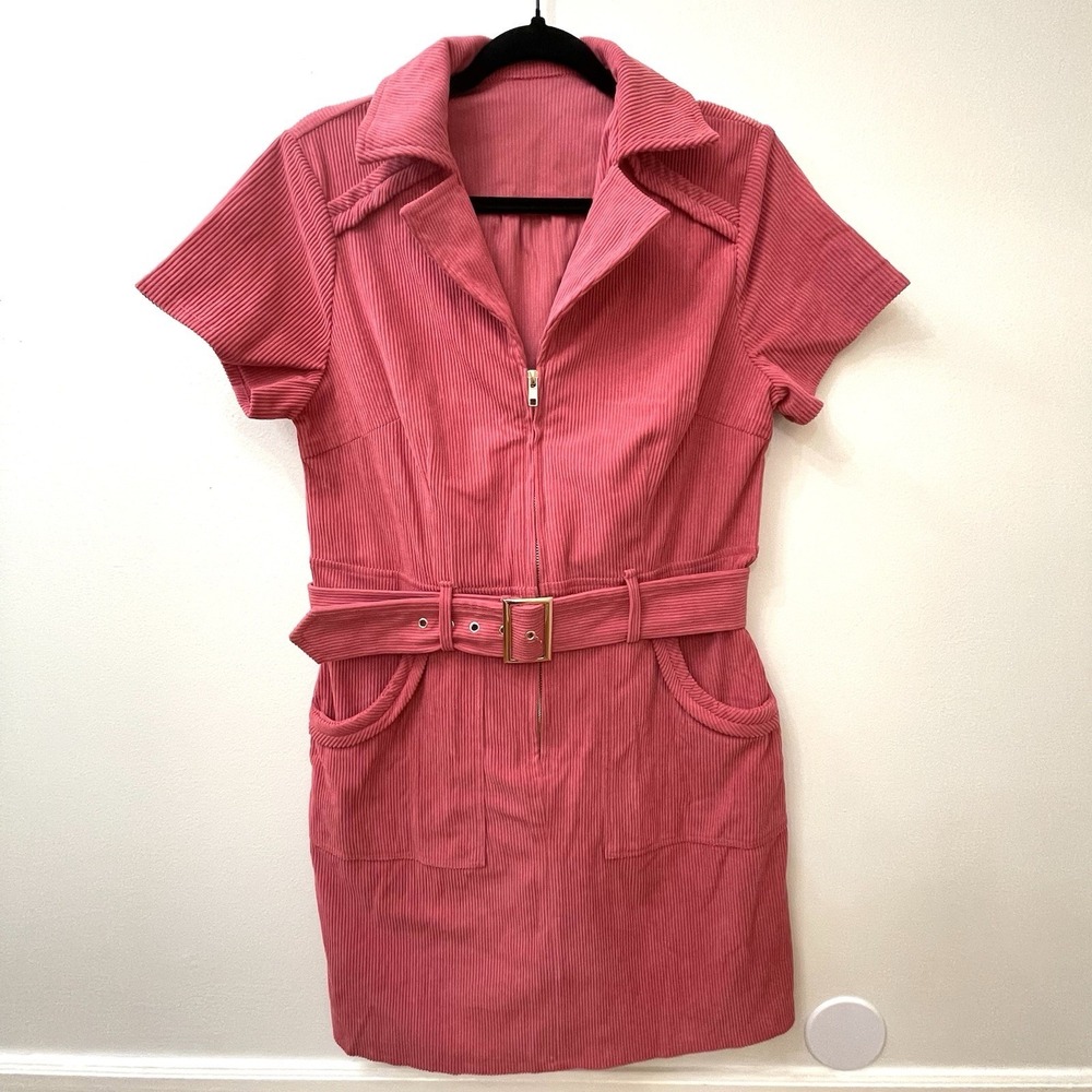 Women's Pink Belted Corduroy Zip Jumper Dress With Collar Medium‎